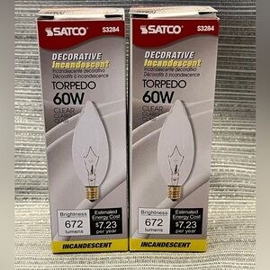 Lot of 2 Satco S3284 60W Clear Torpedo Candelabra Small Base bulbs